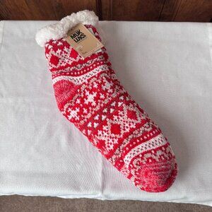 NWT Muk Luks Red White Tan w/Red Metallic Threads Striped Slipper Socks Large/XL
